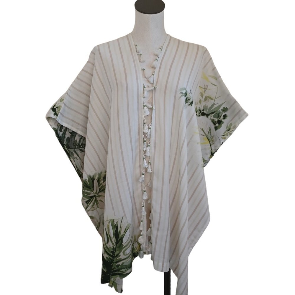Chicos Poncho Wrap‎ Stripe Leaf Print Tassel Detail Tunic Top Womens Size Sm Med